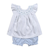 BDO-420 BLUE DOTS HAND SMOCKED PIMA BLOOMERST SET