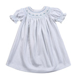 BDO-440 BLUE DOTS HAND SMOCKED PIMA BISHOP DRESS