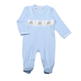 BTT-114 BLUE TRACTORS HAND SMOCKED PIMA FOOTIE