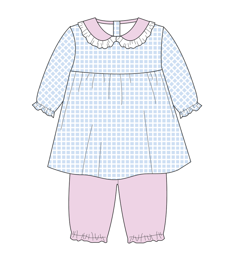 CEL-440 BLUE GINGHAM PIMA DRESS WITH DIAPER COVER