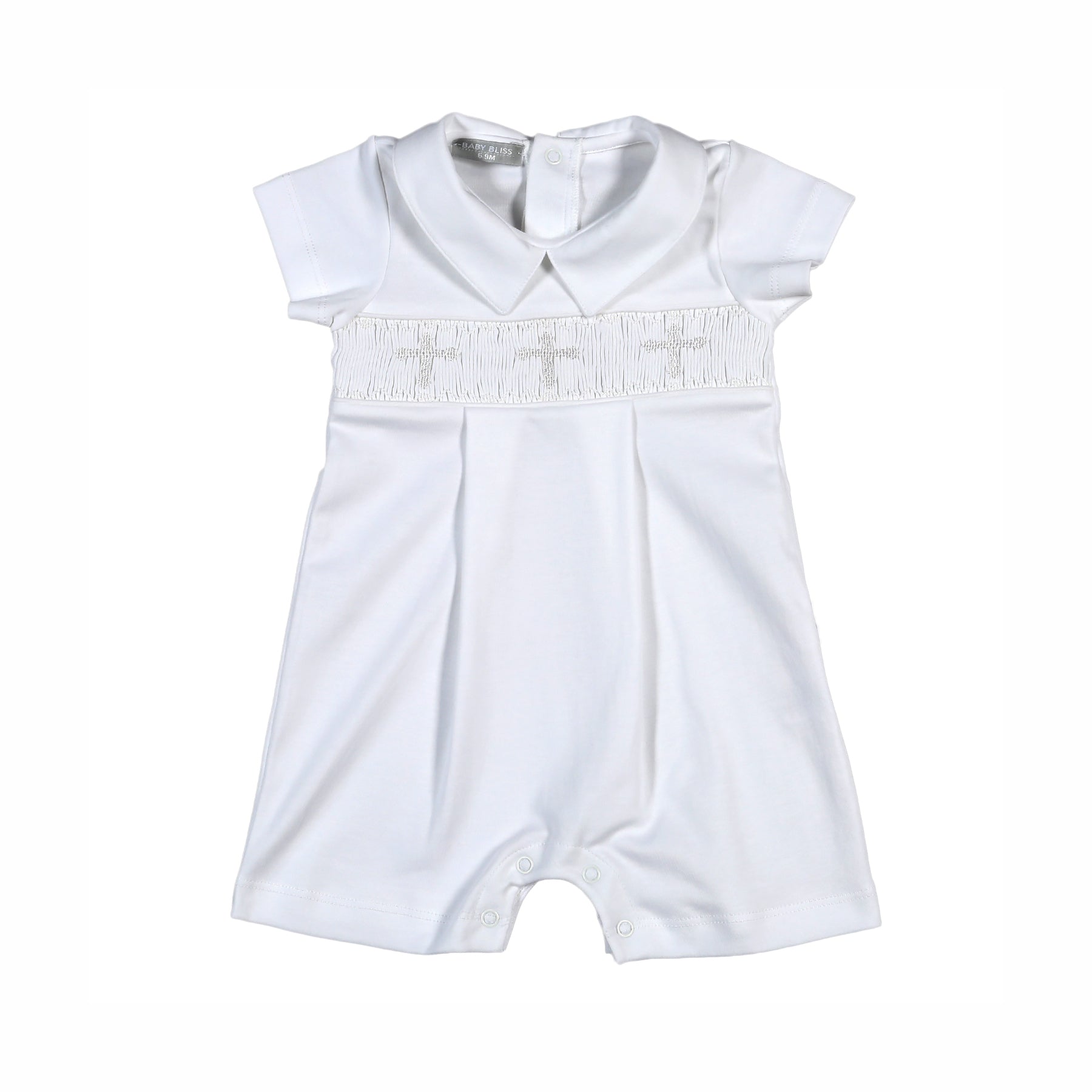 HCB-033 WHITE HOLY CROSS HAND SMOCKED PIMA PLAYSUIT