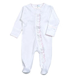 WPP-014 White Zipper Footie  Pink Picot Trim.