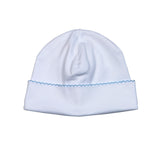 WBP-015 White  Beanie Blue Picot Trim.