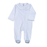WBP-014 White Zipper Footie  Blue Picot Trim.