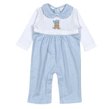 BAS-034 Blue Baseball Bear Hand Embroidered Romper