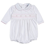 PDS-831 Sally Pink Dots Hand Smocked Pima Long Sleevs Bubble