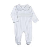 WBS-814 Tim white/Blue Hand Smocked Pima Footie