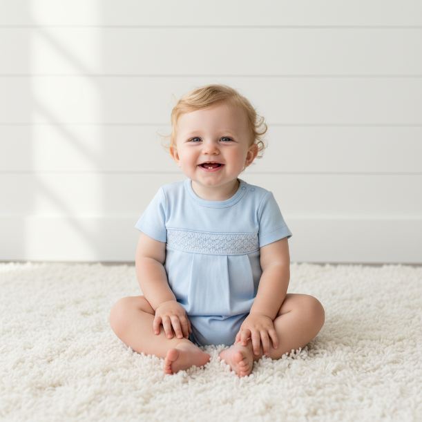 BBB-130 Blue   Pima Hand Smocked Bubble