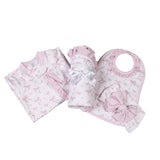 Pink Coquettes Zipper Footie, Blanket, Bib and Bow Head Band.