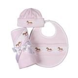 Pink Hand Smock Blanket, Hat and Bib.