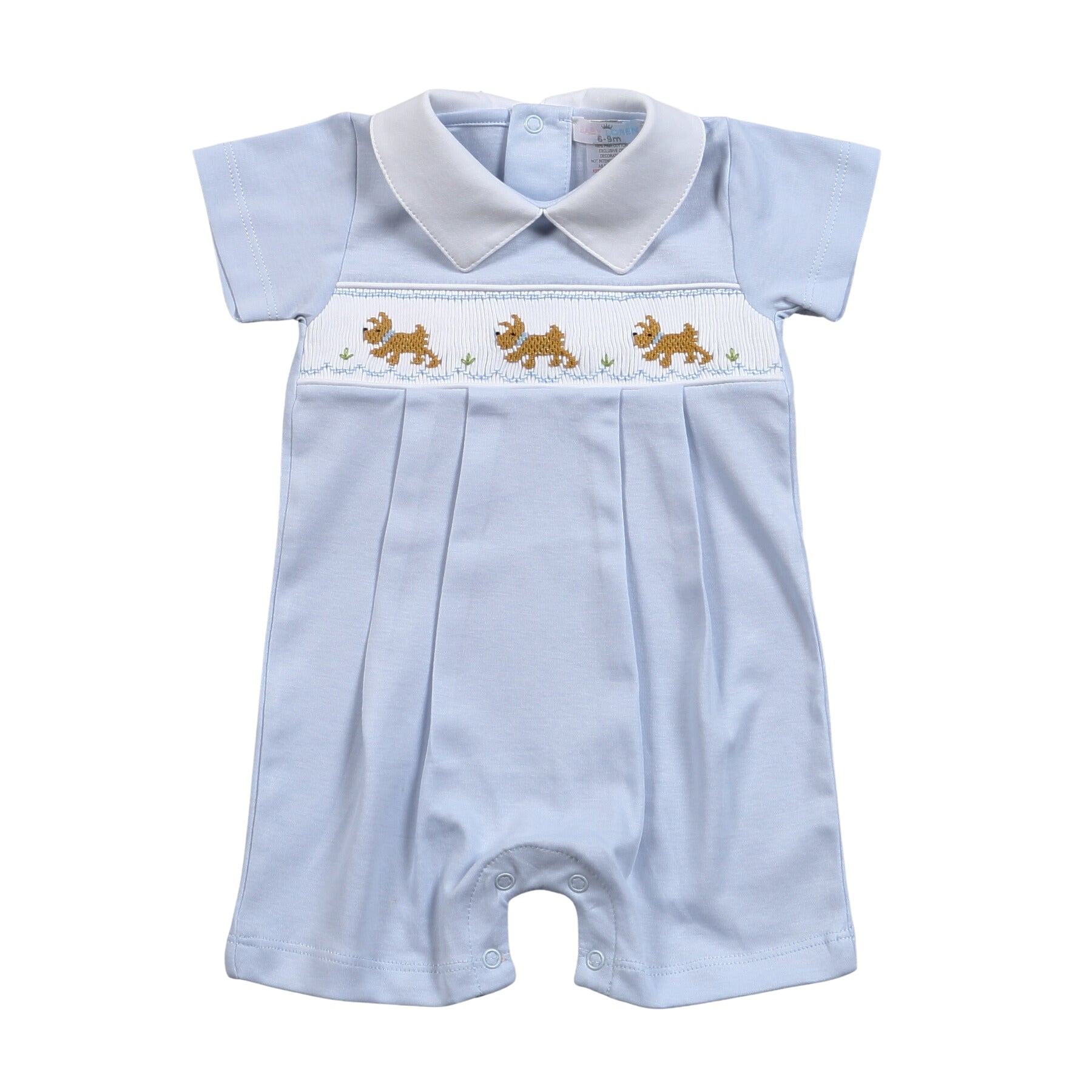 DOG-333 DOGS BLUE HAND SMOCKED PIMA ROMPER